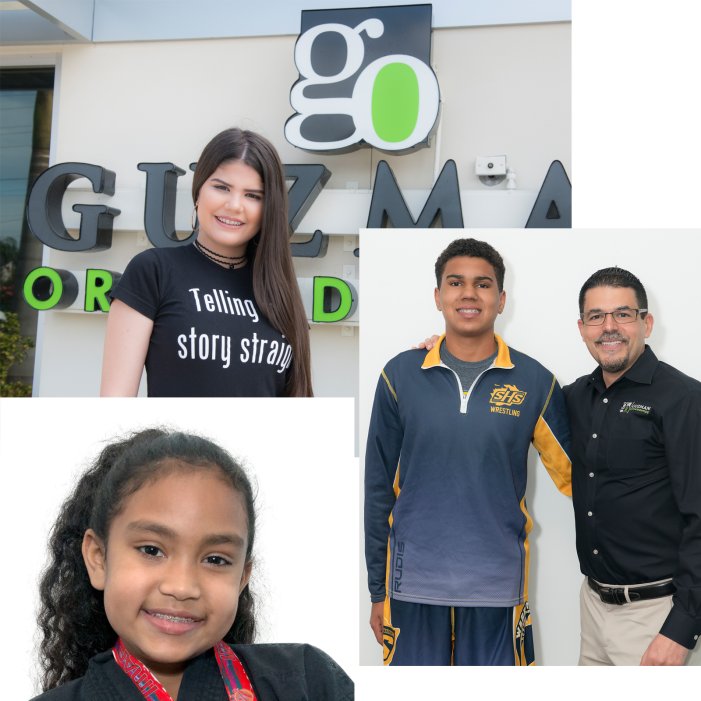 A photo collage of Tampa orthodontnist, Dr. Guzman and some of his patients. 